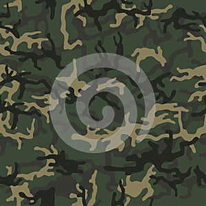 Military camouflage, texture repeats seamless. Green brown black olive colors forest texture. Vector illustration.