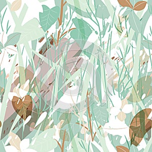 Military camouflage texture with trees, branches, grass and watercolor stains