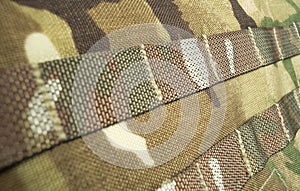 Military camouflage webbing material on a British army MTP rucksack / backpack