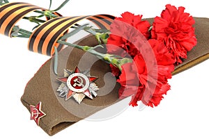 Military cap, order of Great Patriotic war, red flowers, Saint George ribbon