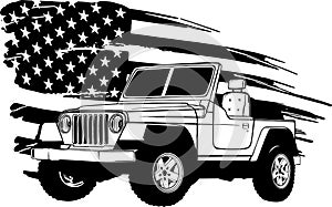 military car with american flag vector illustration