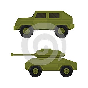 Military Car and Armed Machinery as Transportation Vehicle Used in Army Vector Set