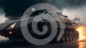 Military car blade runner, smoke, medium weathering on hull, AI Generative Illustration