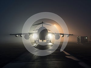 Military Cargo Plane on a Foggy Runway