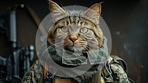 A military cat in a military uniform with an automatic rifle