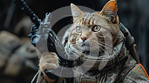 A military cat in a military uniform with an automatic rifle