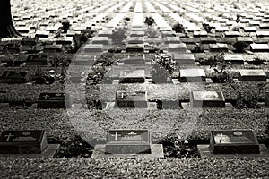 Military Cemetery, Kanchanaburi War Cemetery Don Rak Kanchanaburi, Thailand - Jan 20 2013: Black and White photo