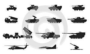 Military combat vehicles icon set. army and weapon symbol. vector image for military infographics and concepts