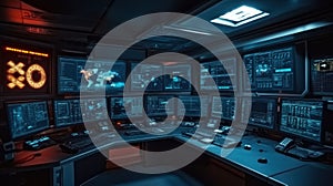 Military command center monitoring global situation with multiple screens displaying data