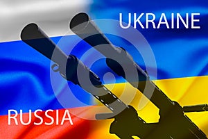 Military conflict between Russia and Ukraine, A gun against the background of two state flags of the warring states