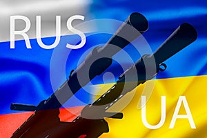 Military conflict between Russia and Ukraine, A gun against the background of two state flags of the warring states