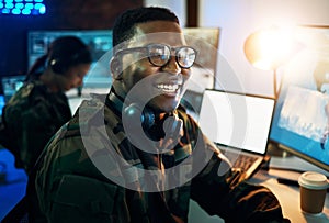 Military control room, computer and soldier in portrait, headset and tech for communication. Security, global