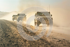 Military convoy driving through desert dust