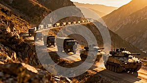Military Convoy Vehicles Moving Through Mountain Pass Deployment