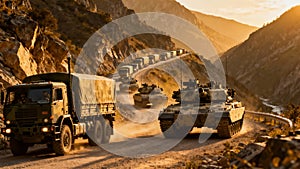 Military Convoy Vehicles Moving Through Mountain Pass Deployment