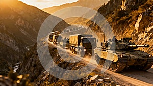 Military Convoy Vehicles Moving Through Mountain Pass Deployment