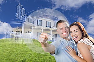 Military Couple Holding House Keys with Ghosted House Drawing Be