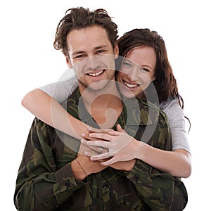 Military couple in portrait, hug for welcome and people smile with love on white background. Soldier in army, reunion