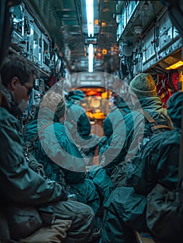 Military crew sitting in the back of plane