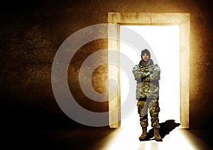 Military, crossed arms and man leaving at door for service, army duty and battle in camouflage uniform. Mockup