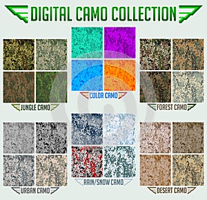 Military Digital Camouflage Camo Seamless Vector collection, Pattern Set