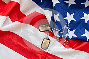 military dog tags on American flag with embroidered stars