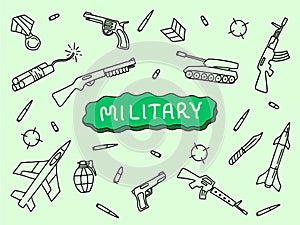 Military doodle art hand sketch with tank riffle aircraft with banner text with green background