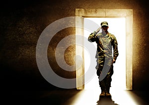 Military, door and soldier salute for leaving home for service, army duty and battle in camouflage uniform. Mockup, war