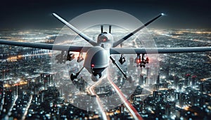 Military drone drone in flight over the night city.