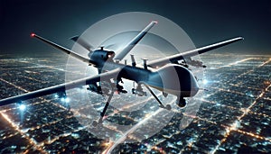 Military drone drone in flight over the night city.