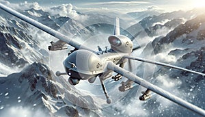 Military drone drone in flight over snowy mountains.