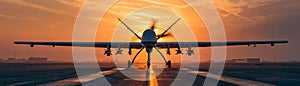A military drone equipped with missiles is poised for takeoff on a runway at sunset photo