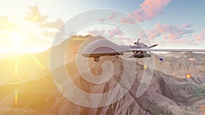 A military drone flies over a deserted plain on a Sunny day. 3D Rendering