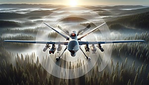 Military drone in flight over foggy forests.