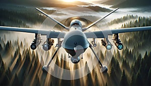 Military drone in flight over foggy forests.