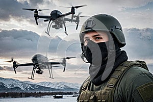 military drone operator against the background of combat drones