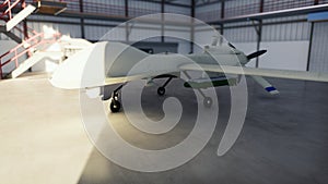 Military drone stands in his hangar on a Sunny day. 3D Rendering