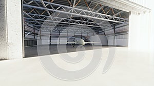 Military drone stands in his hangar on a Sunny day. 3D Rendering