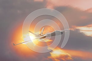 Military drone uav flying at sunset, the sun rays from the clouds