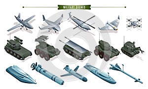 Military Drones vector collection set isometric icons on isolated background