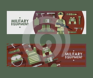 Military equipment banner, vector illustration. Army shop website header in flat style. Camouflage uniform and weapons