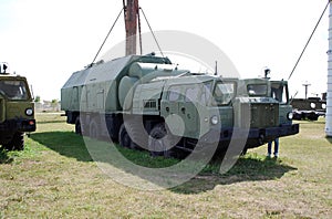 Military equipment costs under the open sky. Exhibit of the Technical museum K.G. Sakharova in the city of Togliatti.