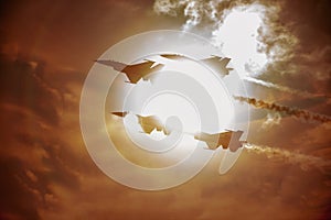 Military F 16 fighter jet flying through a stormy sky