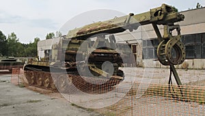 Military fencing engineering vehicle used during liquidation of aftermath of the chernobyl disaster in Ukraine. Rusted