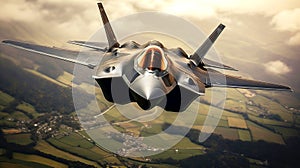 Military fighter jet close up flying through the air over green fields. Created with generative Ai