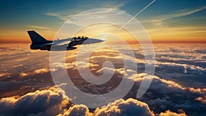 a military fighter jet flying over the clouds at sunset