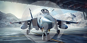 Military fighter jet in the hangar with AI generated.
