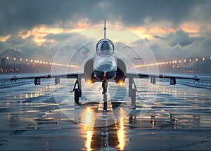 Military fighter jet on runway at sunset.