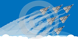 Military fighter jet with sky smoke trail background illustration vector. Air show plane fly acrobatic performance. Speed army