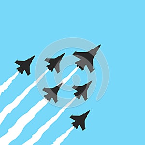 Military fighter jets on a blue background. Vector airplane show banner